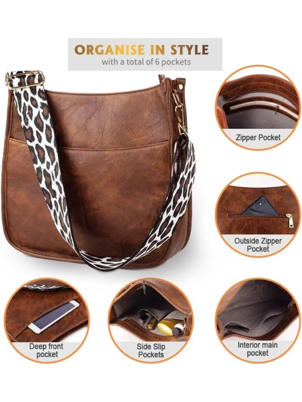 Women's  Dark Brown Leather Small Crossbody Bag Wide Guitar Strap Shoulder Purse